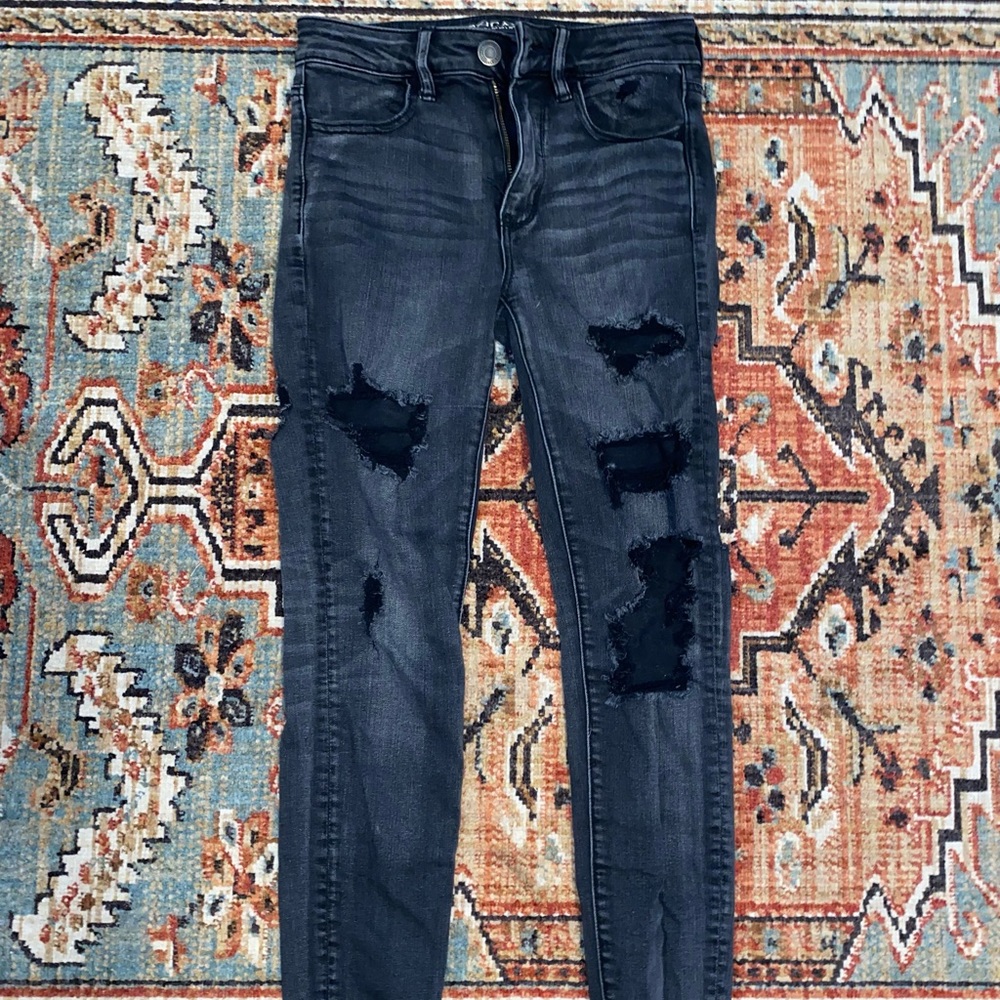 Super Stretch American Eagle Black Ripped Skinny Jeans
